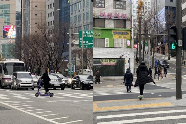 개정 도로교통법 시행으로 전동킥보드(킥보드) 등 개인형이동장치(PM) 규제가 완화된 10일 시민들이 강남·역삼역 인근 횡단보도를 킥보드를 탄채 건너고 있다. 우태경 기자