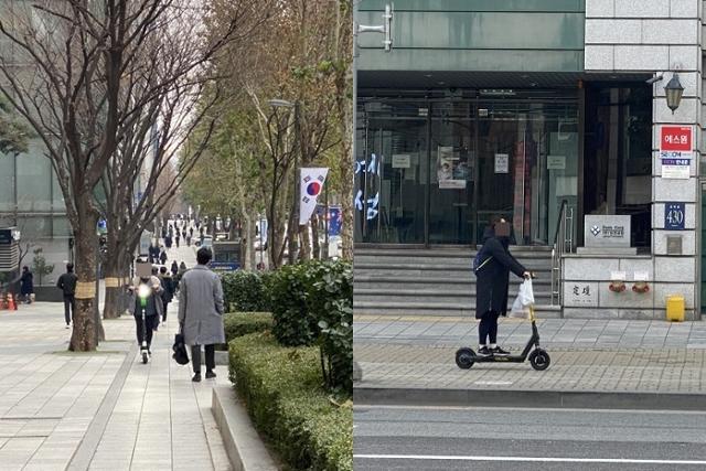 개정 도로교통법 시행으로 전동킥보드(킥보드) 등 개인형이동장치(PM) 규제가 완화된 10일 강남·역삼역 인근 인도에서 시민들이 킥보드를 주행하고 있다. 우태경 기자