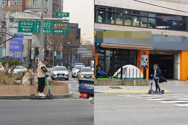 개정 도로교통법 시행으로 전동킥보드(킥보드) 등 개인형이동장치(PM) 규제가 완화된 10일 홍대·합정역 인근에서 시민들이 인도와 차로의 틈 사이로 킥보드를 주행하고 있다. 이정원 기자