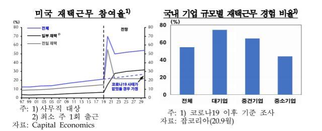 미국의 재택근무 참여율과 국내 기업 규모별 재택근무 경험 비율. 한국은행 제공