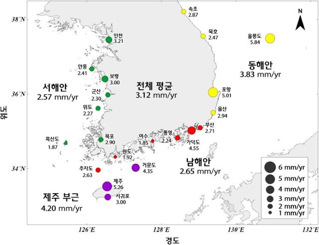 최근 30년간 각 지역별 연 평균 해수면 상승폭. 해양수산부 제공