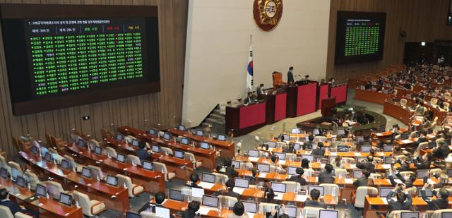 10일 오후 서울 여의도 국회 본회의에서 고위공직자범죄수사처(공수처) 설치 및 운영에 관한 일부개정법률안이 찬성 187명, 반대 99명, 기권 1명으로 가결됐다. 뉴시스