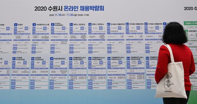 지난달 18일 경기 수원시청에서 열린 '2020 수원시 온라인 채용박람회'를 찾은 한 구직자가 채용게시판을 살펴보고 있다. 뉴시스