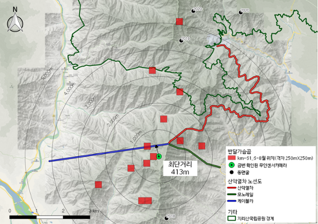 지리산 산악열차 예정노선과 KM-61행동반경. 상당한 부분이 일치한다. 반달곰 친구들, 형제봉생태조사단 제공