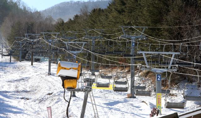 16일 스키장발 코로나19 확진자가 속출하면서 휴장한 강원 평창의 한 스키장 리프트가 멈춰 서 있다.연합뉴스