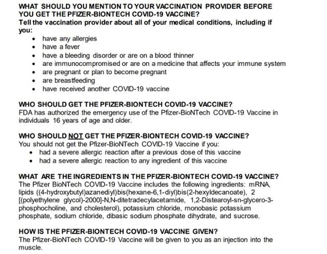 미국 식품의약국(FDA) 홈페이지에 올라온 화이자 백신 팩트 시트 중 일부. FDA 홈페이지 캡처