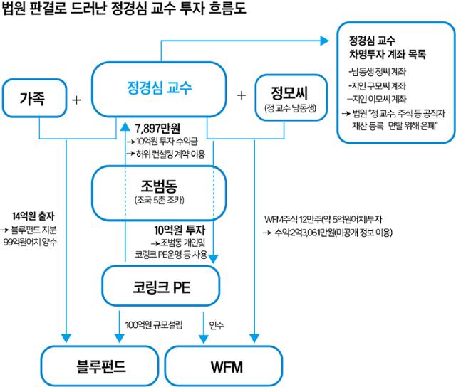 법원 판결로 드러난 정경심 교수 투자 흐름도. 그래픽=박구원 기자