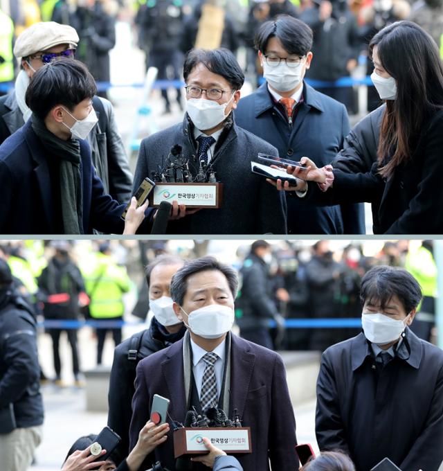 법무부 측 변호인인 이옥형 변호사(위 사진 가운데)와 윤석열 검찰총장 측 변호인인 이석웅(아래 사진 가운데) 변호사가 24일 오후 윤 총장에 대한 '정직 2개월' 징계 처분 집행정지 신청 사건 2차 심문이 열리는 서울행정법원으로 각각 들어가며 취재진의 질문에 답하고 있다. 연합뉴스