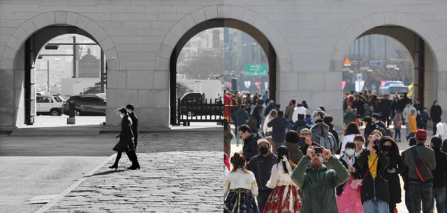 지난해 겨울, 한복을 차려입은 관광객들과 외국인들로 한껏 북적이던 경복궁 모습과 올해 겨울, 인근 시민들의 발길조차 끊긴 경복궁의 모습이 대조적이다.