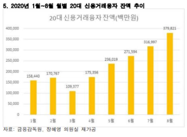 지난해 20대의 신용거래 융자 잔액. 달마다 그 규모가 늘어가고 있다. 장혜원 의원실 제공