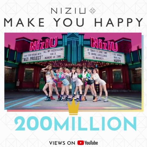 JYP 소속 신인 걸그룹 NiziU(니쥬)의 프리 데뷔곡 'Make you happy'(메이크 유 해피) 뮤직비디오가 유튜브 2억 뷰를 돌파했다. jyp엔터테인먼트 제공