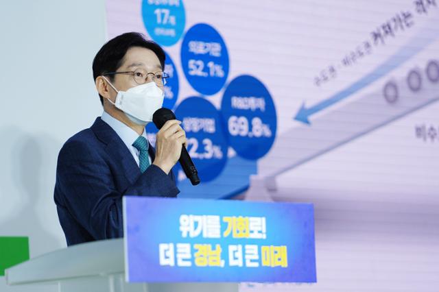 김경수 경남지사는 6일 2021년 온라인 신년기자회견을 열고 "더 큰 경남의 새로운 미래가 될 동남권 메가시티건설을 본격 추진하겠다"고 밝혔다. 경남도 제공