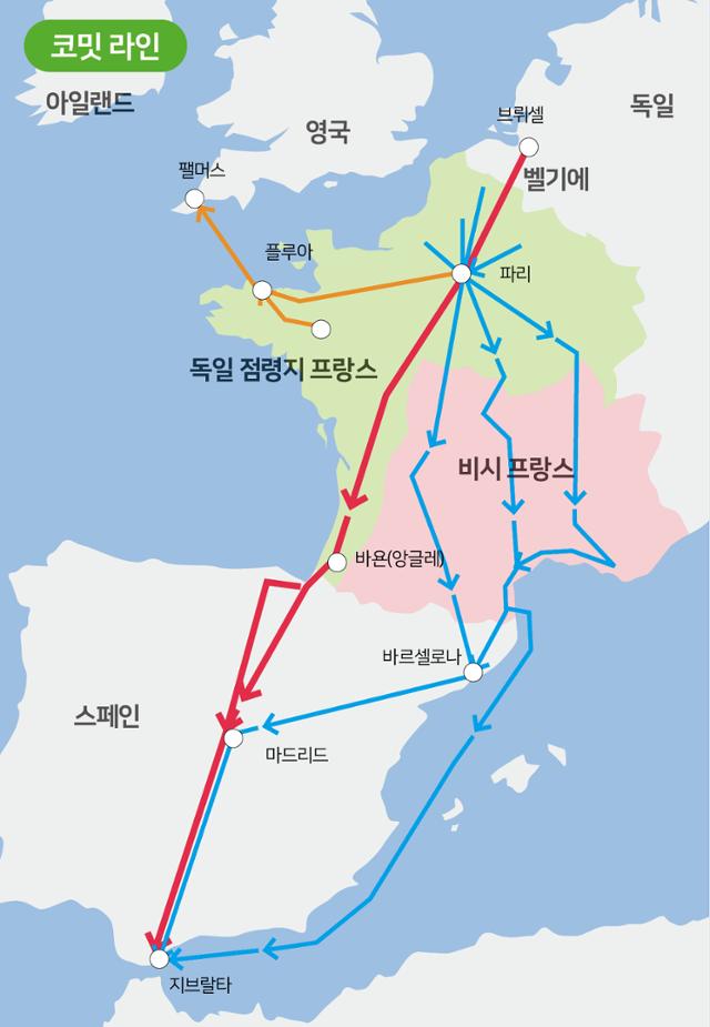 2차대전 유럽 연합군 낙오병 등 나치 수배자 주요 탈출 경로. 최대 조직인 코밋 라인(붉은색)을 비롯, 셸번(Shelburne) 라인(파란색)과 패트(Pat)라인이 운영됐다. 위키피디아 자료 참조, 그래픽뉴스부 송정근 기자.