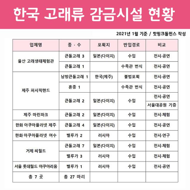 국내 남아있는 수족관 돌고래 현황. 핫핑크돌핀스 제공