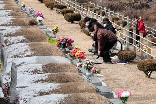 설 연휴를 열흘여 앞둔 31일 오후 경기도 용인시 천주교용인공원묘원을 찾은 4인 이하의 가족단위 성묘객들이 조상의 묘를 찾아 성묘하고 있다. 뉴스1