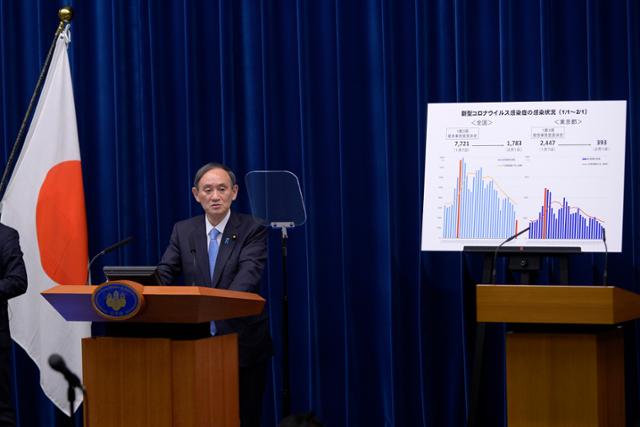스가 요시히데 일본 총리가 2일 도쿄 총리 관저에서 코로나19와 관련해 기자회견하고 있다. 도쿄=AP/뉴시스