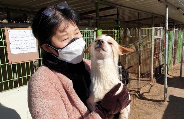 입양이 확정되던 날 1년 넘게 보호소에서 봉사를 해 온 봉사자가 입양가기 전 품 안에 안아보고 있다. 비글구조네트워크 제공