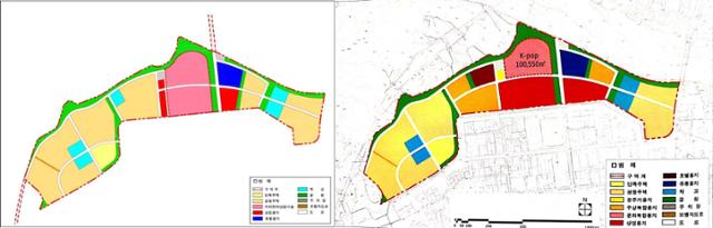 광주시가 지난해 10월 평동준공업지역 도시개발사업 민간사업자 공모 당시 공모지침에 제시했던 토지이용계획 예시도(왼쪽)와 같은 해 7월 국토교통부 지역개발 공모 사업 때 제안한 한류문화복합단지 토지이용계획도. 두 그림 상 단독주택과 공동주택 등 부지 구획과 면적 등이 거의 비슷하다.