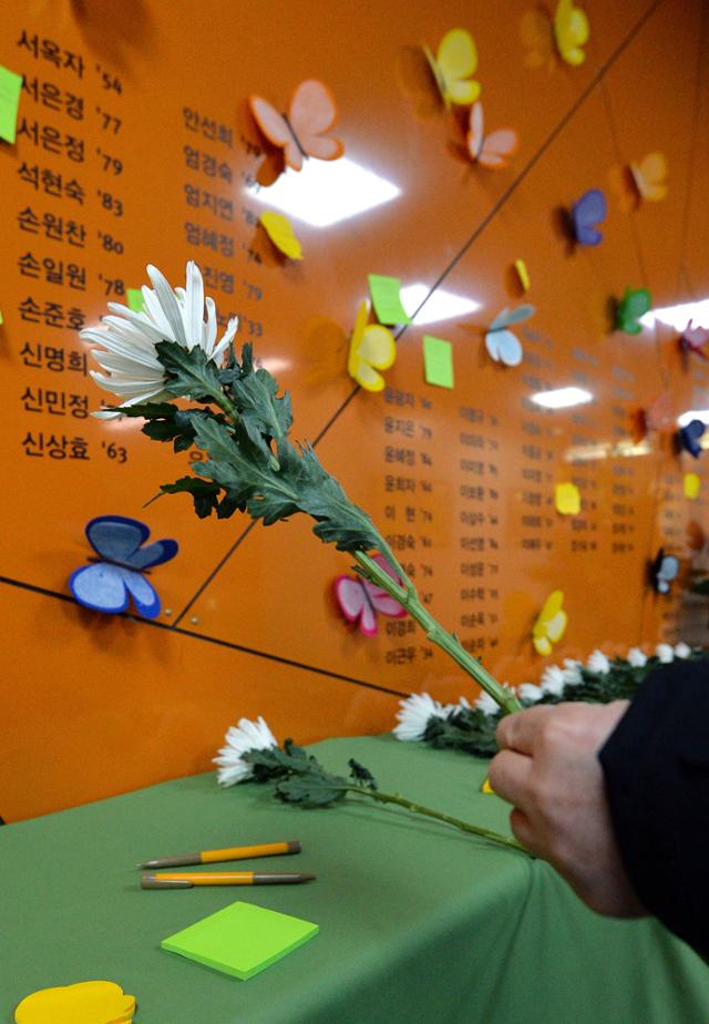 대구 지하철 중앙로역 화재 참사 18주기를 하루 앞둔 17일 오후 대구 지하철 1호선 중앙로역에 설치된 ‘기억공간 추모의 벽’을 찾은 한 시민이 희생자들을 추모하며 헌화하고 있다. 대구=뉴시스