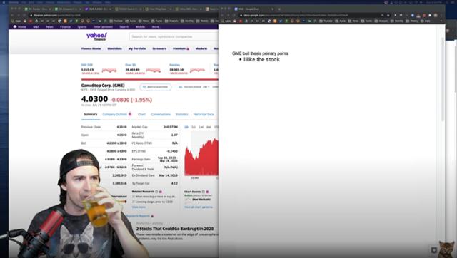 '로어링 키티' 유튜브 방송 중 한 장면. 질은 자신이 주당 가격 4달러 수준인 게임스톱에 투자하는 이유를 한 줄로 "그 주식이 좋아서(I like the stock)"라고 요약한다. 유튜브 캡처