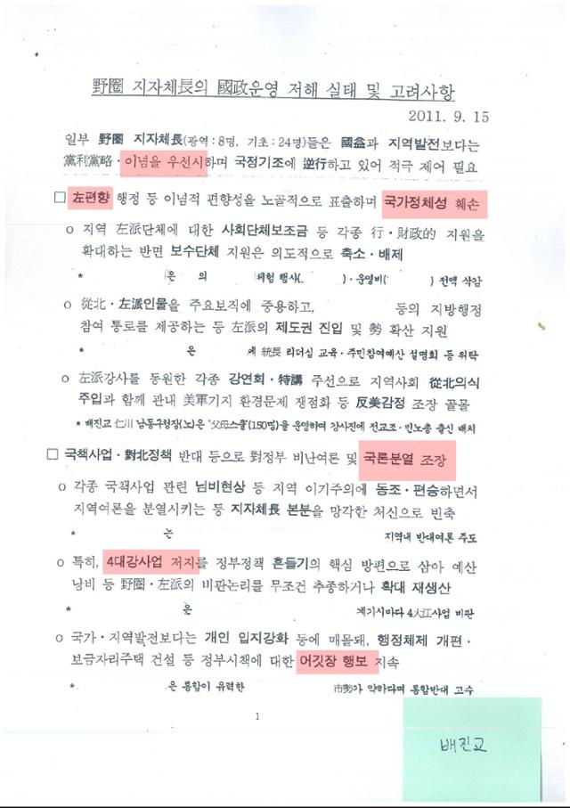 이명박 정부의 국정원이 2011년 9월 작성한 배진교 의원 등 야당 지자체장들에 대한 사찰 문건. 배진교 의원 제공