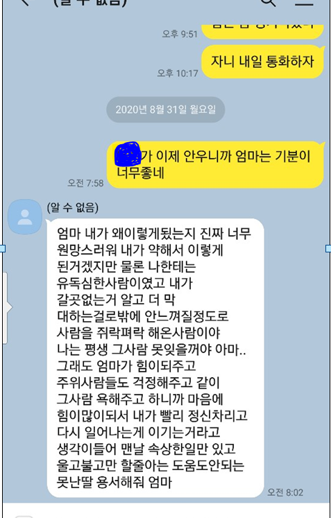 배씨가 극단적 선택을 하기 보름 전쯤 어머니에게 보낸 카카오톡 메시지. 직장갑질119 제공