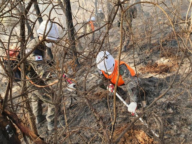 육군 제50보병사단 병력이 22일 경북 안동시 임동면 산불 진화에 투입되고 있다. 육군은 임동면 일대에 대대급 병력을 투입 진화작업에 힘을 보내고 있다. 육군은 "국민이 필요로 하는 곳에 항상 함께하겠다"고 말했다. 뉴스1