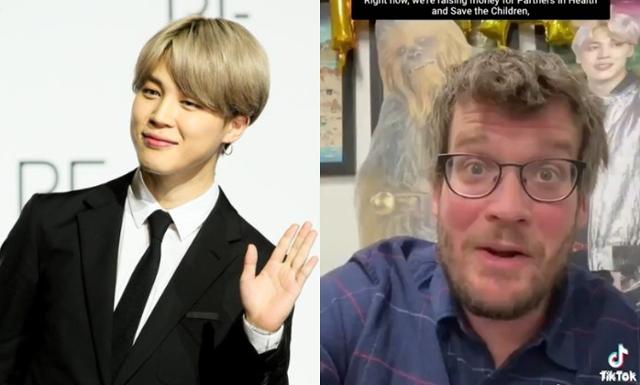 방탄소년단 지민이 미국의 작가 존 그린(John Green)이 진행한 틱톡(tictok) 라이브에 깜짝 등장했다. 한국일보 자료사진, 틱톡 캡처