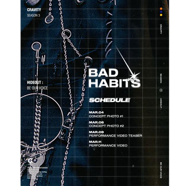 스타쉽엔터테인먼트는 지난 3일 크래비티 공식 SNS를 통해 'Bad Habits (배드 해비츠)' 활동 스케줄러를 공개했다. 스타쉽엔터테인먼트 제공