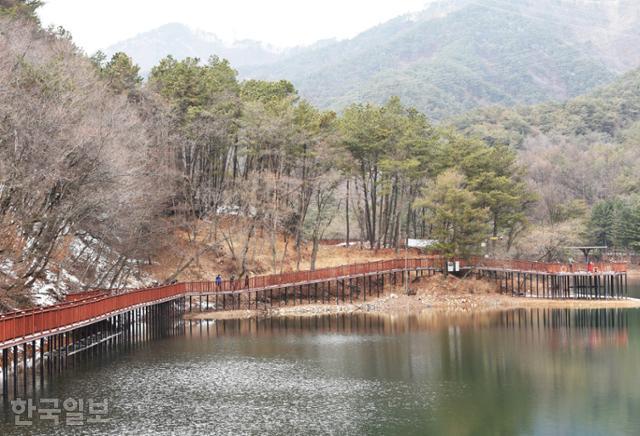 제2의림지 왼쪽 산자락으로 호수와 계곡을 따라 한방치유숲길이 이어진다.