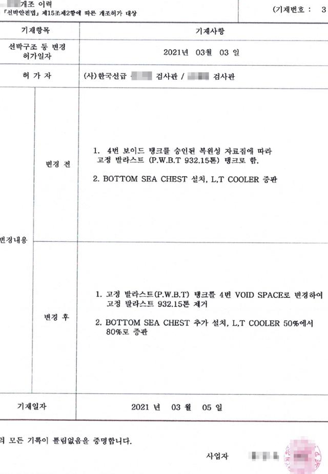 본지가 단독 입수한 카페리 '선라이즈제주호(1만4,915톤)'의 선박이력관리장부 일부. 4번 보이드 탱크(빈 공간)를 930톤 짜리 평형수 탱크로 바꿨다가 다시 보이드 탱크로 원상복구한 것으로 기록돼 있다. 독자 제공