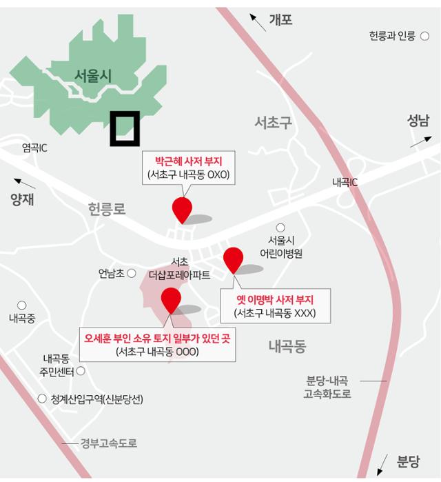 서울 서초구 내곡동 지도로, 오세훈 국민의힘 서울시장 후보와 이명박·박근혜 전 대통령 관련 논란이 됐던 땅을 표시한 모습. 그래픽=송정근 기자