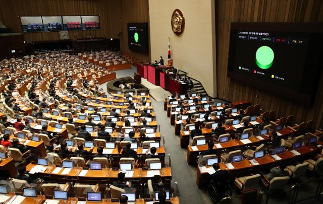 24일 국회 본회의에서 스토킹 범죄의 처벌 등에 관한 법률 제정안이 의결되고 있다. 연합뉴스