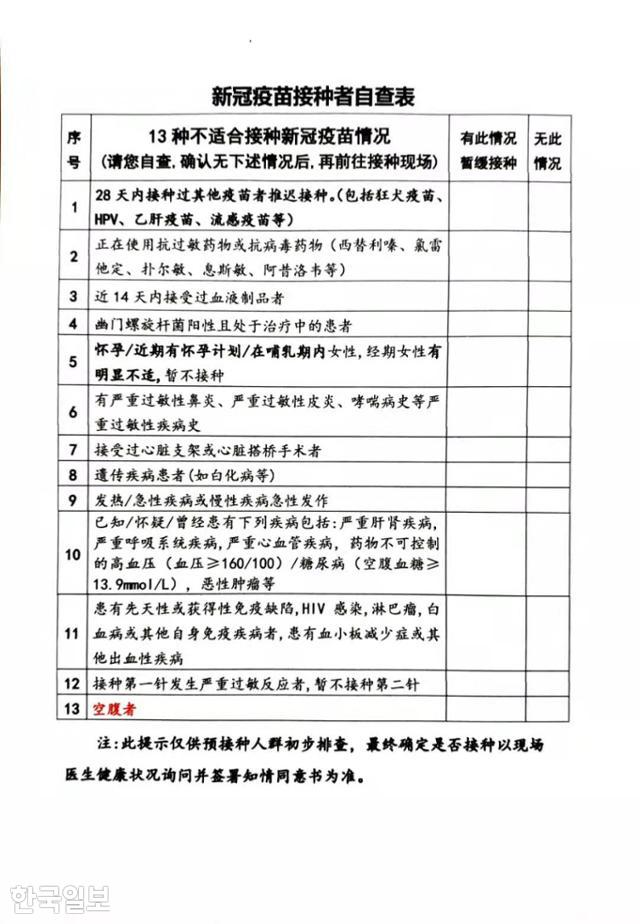 지난달 중국 베이징 아파트 주민위원회에서 외국인 포함 주민 전체를 대상으로 코로나19 백신 접종을 시작하면서 배포한 자가진단리스트. 온갖 기저질환을 묻는 항목 맨 아래 13번에 '공복자'는 유독 빨간색으로 표시했다. 반드시 식사를 하고 백신을 맞으러 오라는 의미다. 베이징=김광수특파원