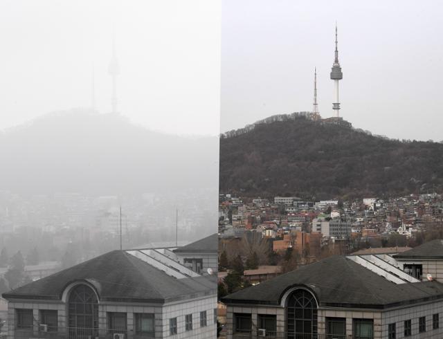 미세먼지 경보와 황사경보가 동시에 내려진 29일 오전 8시 반, 서울 용산구 남영역 부근에서 바라본 남산의 N서울타워가 뿌옇게 형체를 알아볼 수 없을 정도다(왼쪽). 이날 낮 12시를 기해 초미세먼지주의보가 해제된 가운데 오후 4시 반, 같은 자리에서 바라본 N서울타워는 육안으로 확인할 수 있다. 홍인기 기자