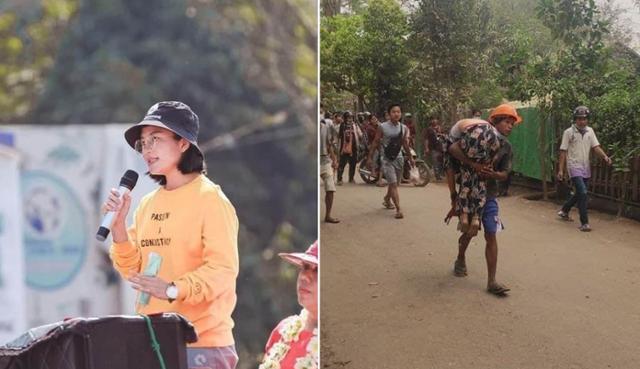 대규모 학살 다음날인 28일 거리에서 부상자를 치료하다 숨진 간호사. 오른쪽은 그의 주검. 이라와디 캡처