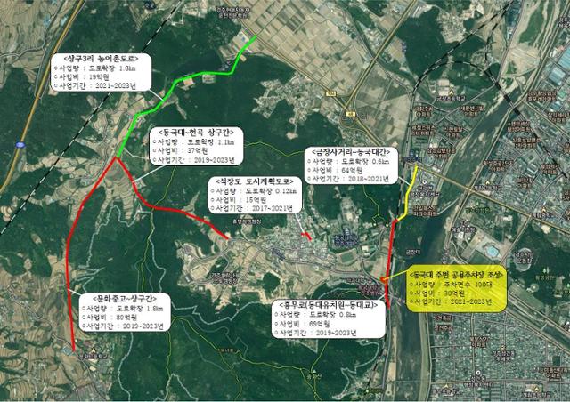 경주시가 300억 투입해 동국대 경주캠퍼스 주변 교통환경 개선 및 경주병원 인근 공용주차장 신설한다. 경주시 제공