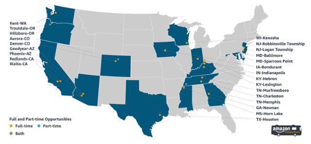 아마존 홈페이지에 게재된 올해 캠퍼포스 모집 장소. 노란색은 풀타임, 푸른색은 파트타임 모집소다.