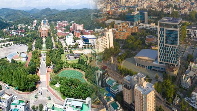 지난달 통합 출범한 경상국립대학교의 가좌캠퍼스와 칠암캠퍼스(현 경남과학기술대학교)의 전경을 합성한 사진. 한국일보DB