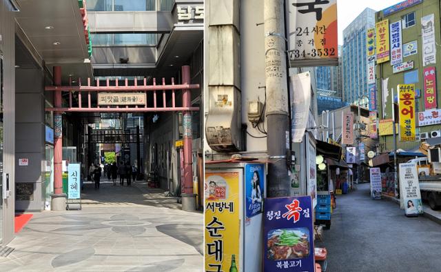 피맛골을 상징하는 홍살문 모양 철제기둥(왼쪽)은 고층건물의 복도화가 되어버렸다. 옛 피맛골과 유사한 모습의 청진동 뒷골목 역시 곧 잊힐 운명이다. 이곳에 담긴 역사를 간직하기 위해 우리가 사용 중인 건축공간·물건의 사회·문화적인 맥락을 기록하고 연구하는 도시역사고고학의 손길이 필요한 시점이다.