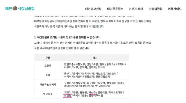 배달의민족은 가이드라인에 개고기를 혐오식품으로 규정하고 판매를 금지하고 있지만 실제 앱에서는 개고기가 판매되고 있다. 배달의민족 홈페이지 캡처