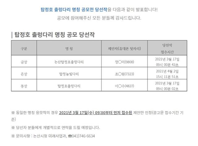 지난 23일 논산시청 홈페이지 공지사항 게시판에 올라온 '논산 탑정호 출렁다리 명칭 공모전' 당선 결과. 논산시청 홈페이지 캡처