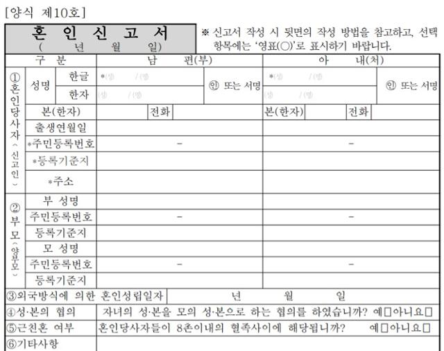 '자녀의 성 본을 모의 성 본으로 하는 협의를 하였습니까?'라고 묻는 현행 혼인신고서 양식.