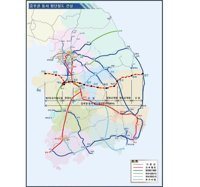 중부권 동서횡단철도 예상 노선도. 천안시 제공