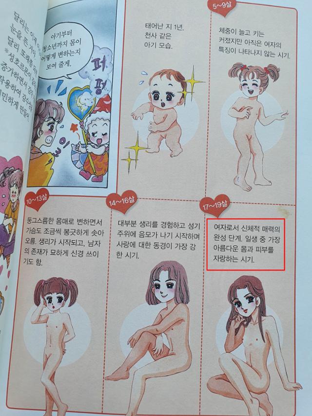 '너는 알고 있니? 사춘기의 비밀'(능인)의 한 장면. 17~19세 여자의 몸을 "여자로서 신체적 매력의 완성 단계. 일생 중 가장 아름다운 몸과 피부를 자랑하는 시기"라고 설명한다. 여성의 몸을 성적 대상화와 매력의 관점에서만 다루고 있다.