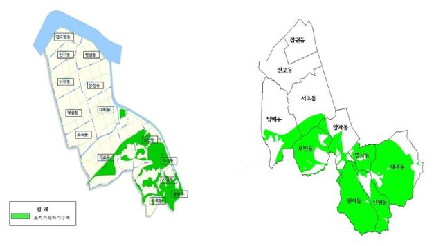 서울시 제6차 도시계획위원회 심의 결과, 토지거래허가구역으로 재지정된 강남구(왼쪽)와 서초구(오른쪽) 일대. 서울시 제공.