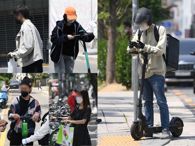 13일 오후 서울 마포구에서 안전모를 착용하지 않은 채 전동킥보드를 타는 운전자들(왼쪽)과 안전모를 착용한 개인 소유 킥보드 운전자. 이한호 기자