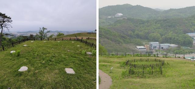 망해루지에서 내려다보는 서해 바다. 돌로 표시된 곳이 기둥 자리다(왼쪽 사진). 망해루지 동편에 위치한 팔각건물지. 근처에 관아 및 객사 건물지도 위치한다(오른쪽 사진).