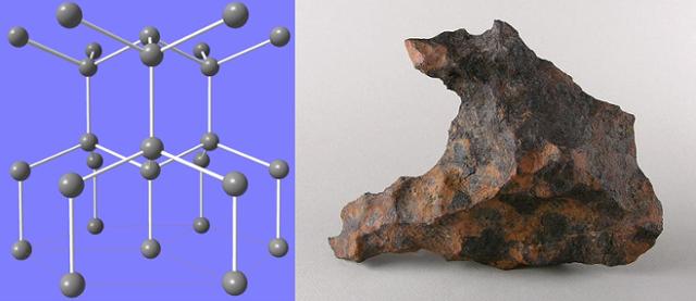 기존의 정육면체 다이아몬드보다 더 단단하고 강한 육각형 다이아몬드의 결정 구조(왼쪽). 회색 원이 탄소 원자다. 육각형 다이아몬드가 발견된 디아블로 협곡 운석(오른쪽). ⓒ위키피디아