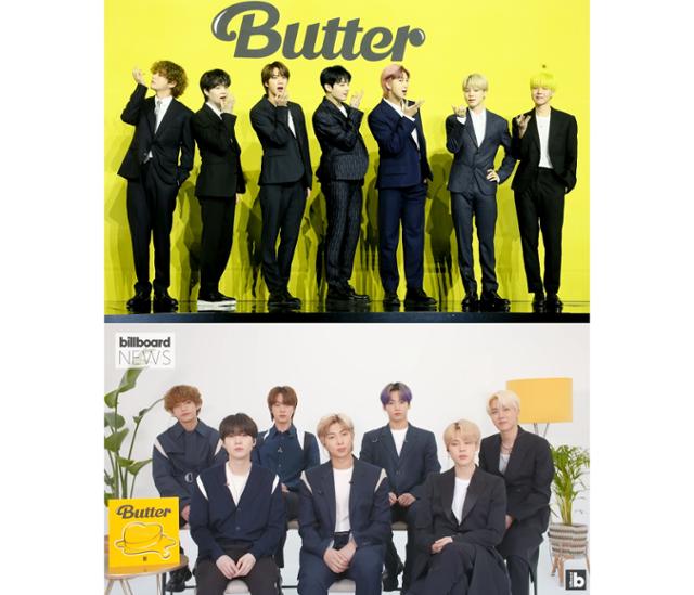 그룹 방탄소년단이 신곡 'Butter'로 컴백한 가운데, 그들이 컴백 활동에서 선보인 명품 패션이 전 세계 팬들의 이목을 사로잡고 있다. 한국일보 자료사진, 빌보드 공식 유튜브 채널 캡처